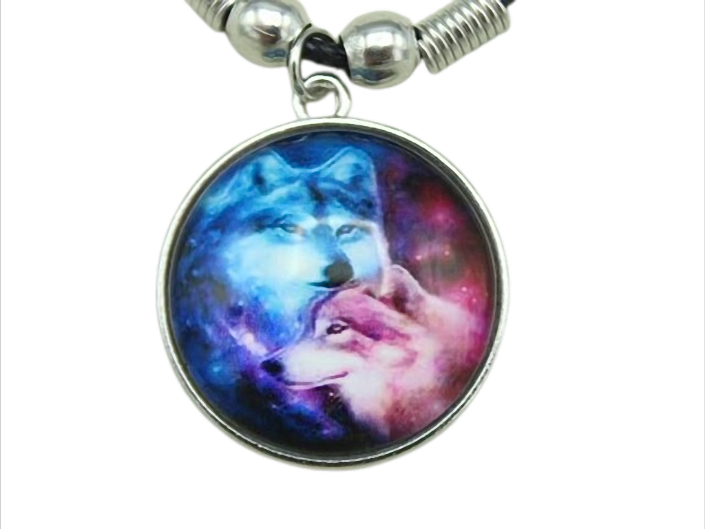 Kette mit Cabochon Anhänger, 2 Wölfe in pink und blau