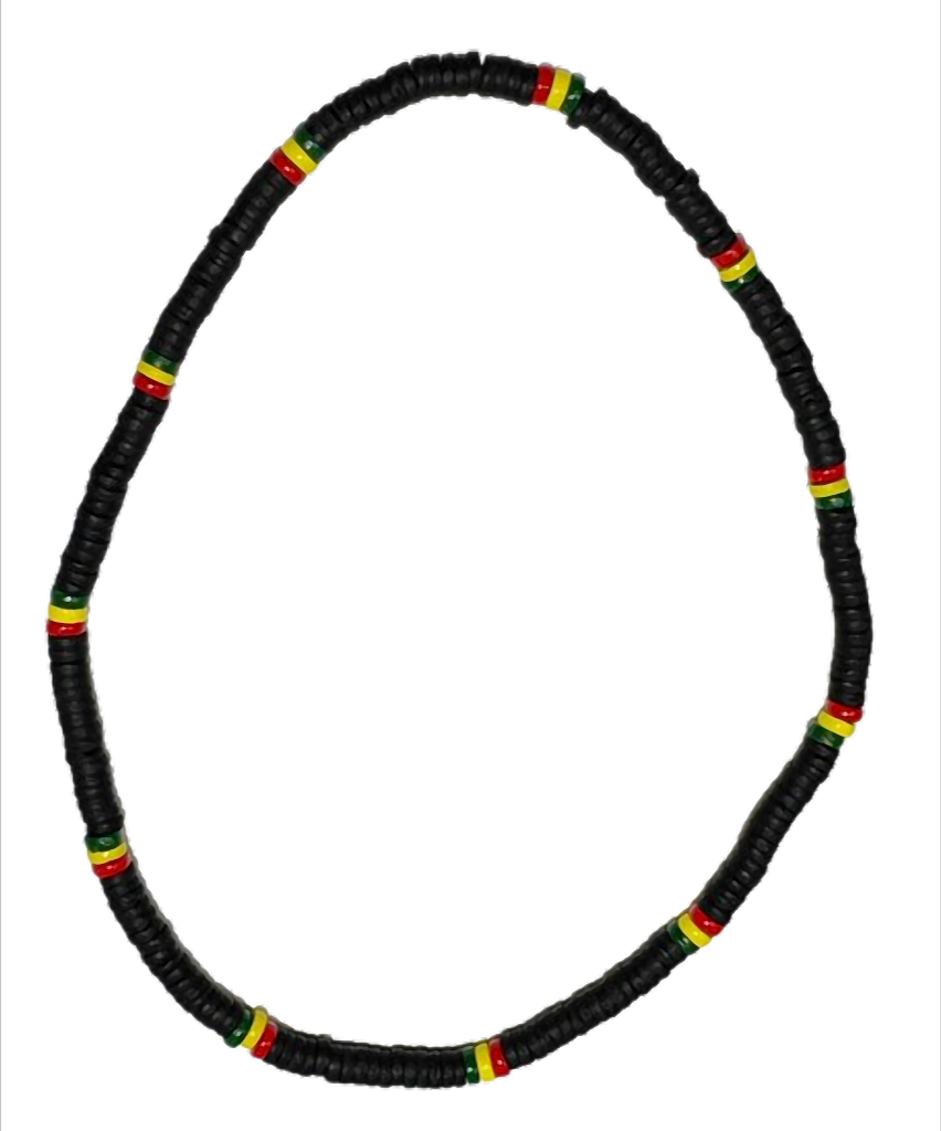 Island Roots Heishi Halskette Kokosperlen Stretch – Schwarz mit Rasta-Farben