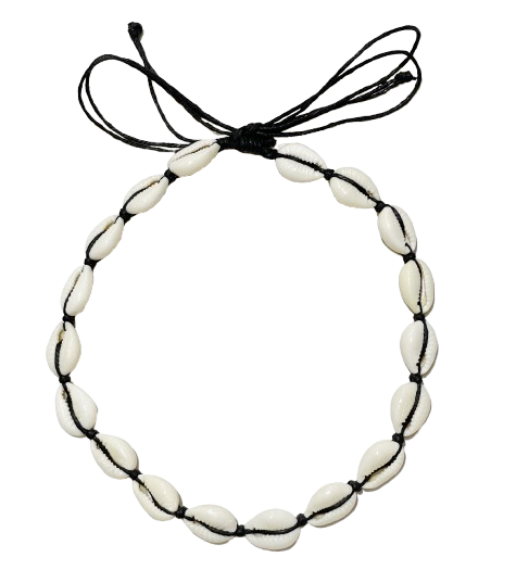 Muschelkette, 18 Muscheln, am schwarzen Wachsband