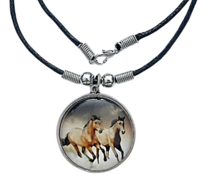 Freedom Horses Cabochon Halskette Pferd Anhänger 33 mm – Baumwollwachsband 48 cm