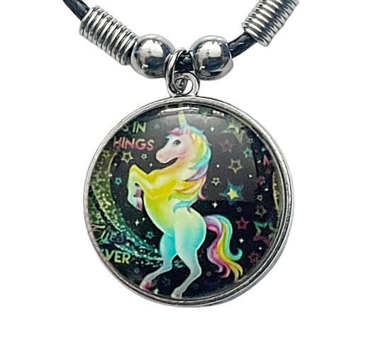 Buntes Einhorn Cabochon Halskette 25 mm – Baumwollwachsband 48 cm