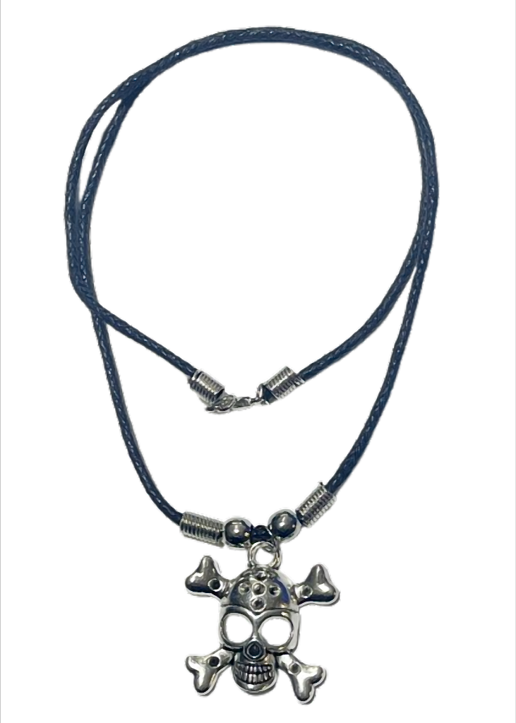 Totenkopf Kette mit gekreuzten Knochen – Baumwoll Wachsband 48 cm – Skull Anhänger