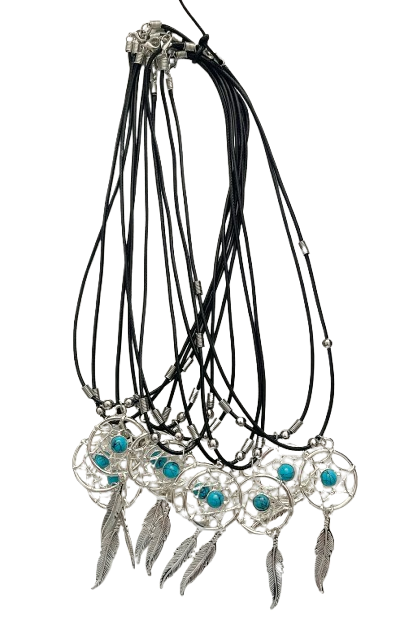 Traumfänger Kette mit türkisem Stein und Feder am Wachsband
