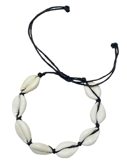 Muschelarmband, 8 Muscheln, am schwarzen Wachsband