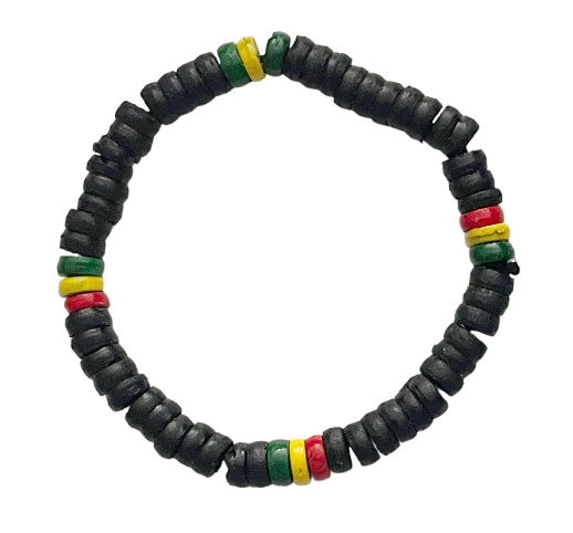 Island Roots Heishi Armband Kokosperlen Stretch – Schwarz mit Rasta-Farben