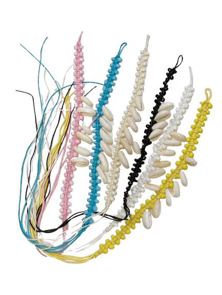 Armband Muschel und Perlen am Wachsband farblich gemischt