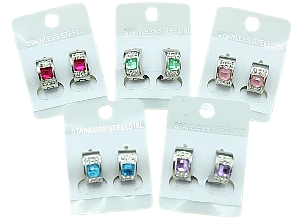 Klappcreole, Edelstahl, silber mit farbigen und weißen Zirkonia Steinen, farblich gemischt,12 Paar