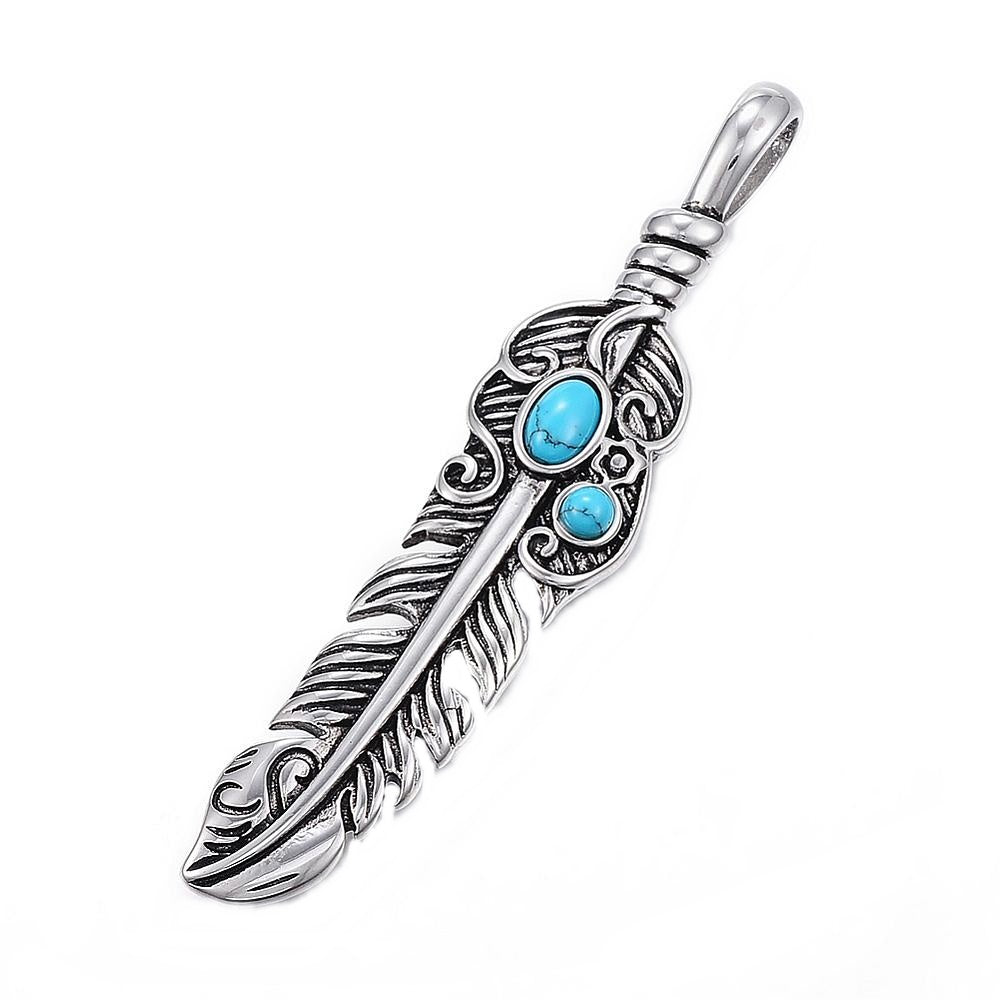 Anhänger Kettenanhänger Edelstahl Feder mit 2 türkisen Steinen