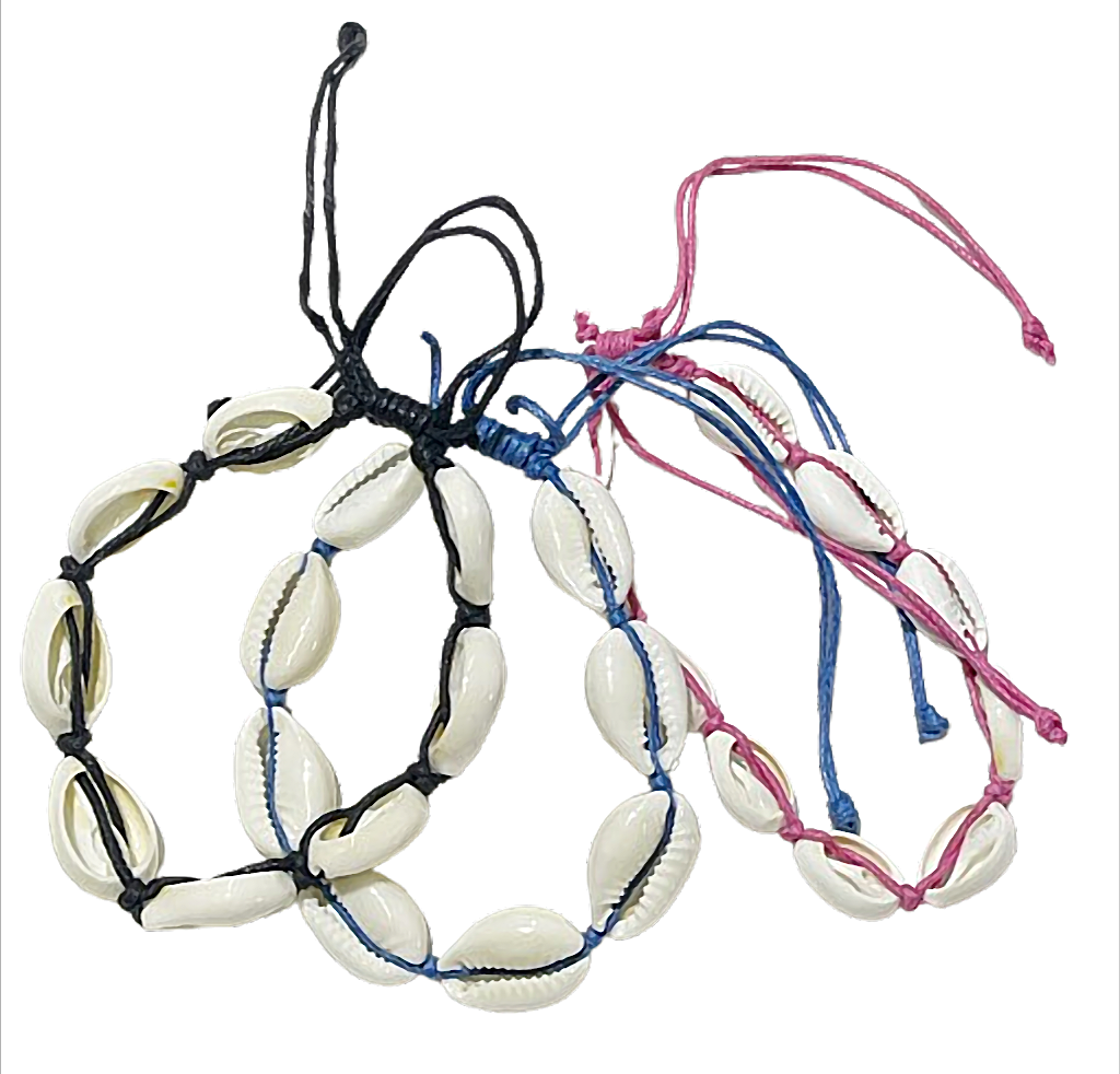 Muschelarmband, 8 Muscheln, am Wachsband, farbich gemischt