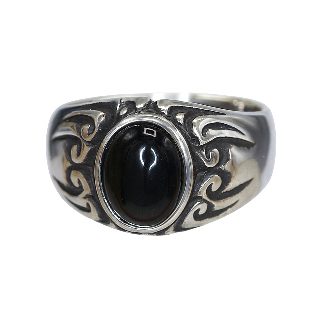 Edelstahlring „Shadow Flame“ mit schwarzem Stein