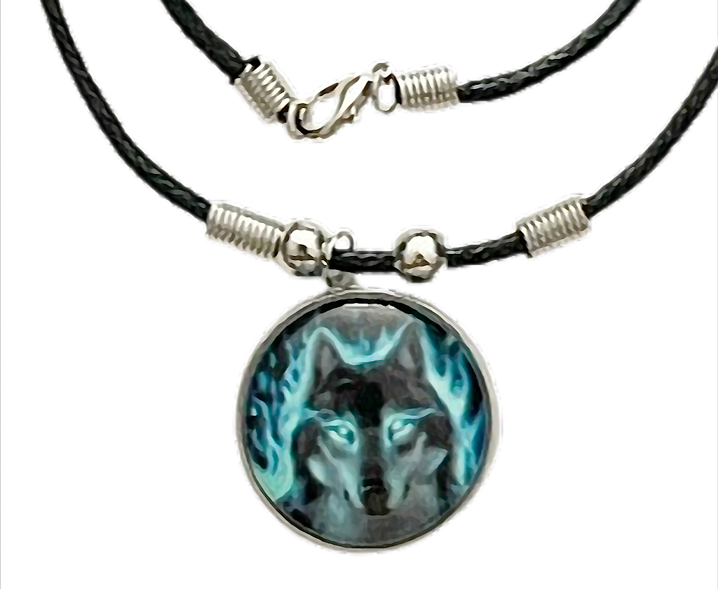 Kette mit Cabochon Anhänger, Wolf mit leuchtenden Augen