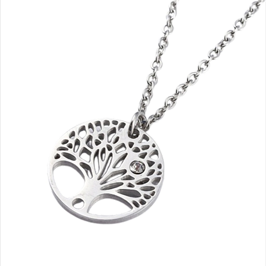 Tree of Light Edelstahlkette mit Lebensbaum-Anhänger – 43 + 5 cm – Anhänger Ø 15