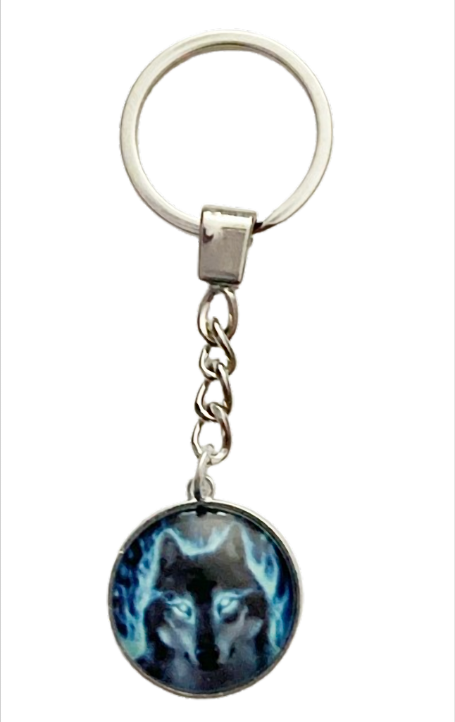 Blue Fire Wolf Schlüsselanhänger Wolf Motiv – Cabochon Anhänger Ø 25 mm